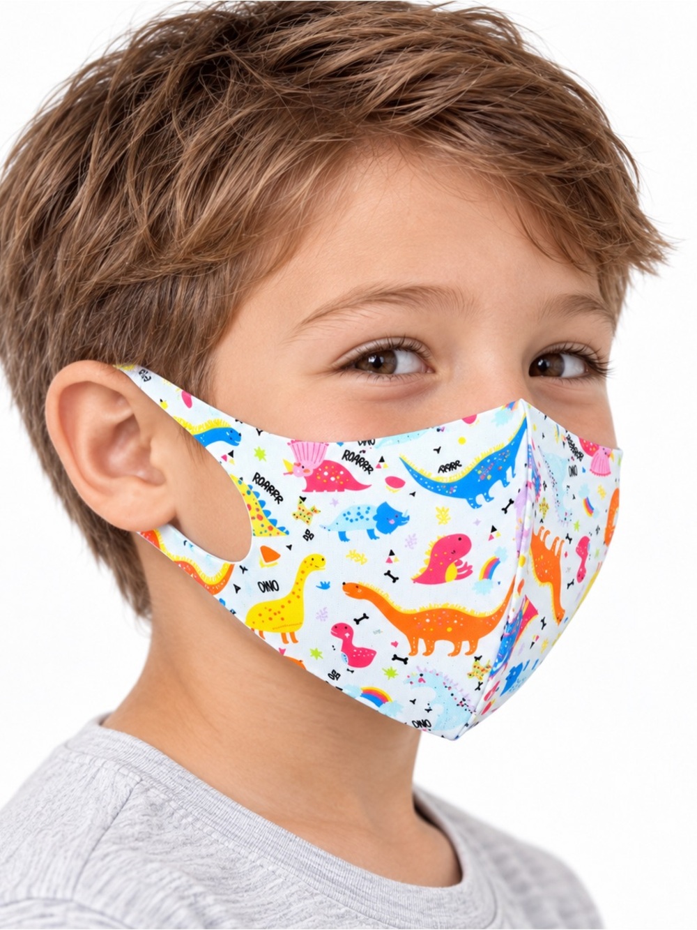 Kids Dinosaur Print Face Mask - White Multi-Color